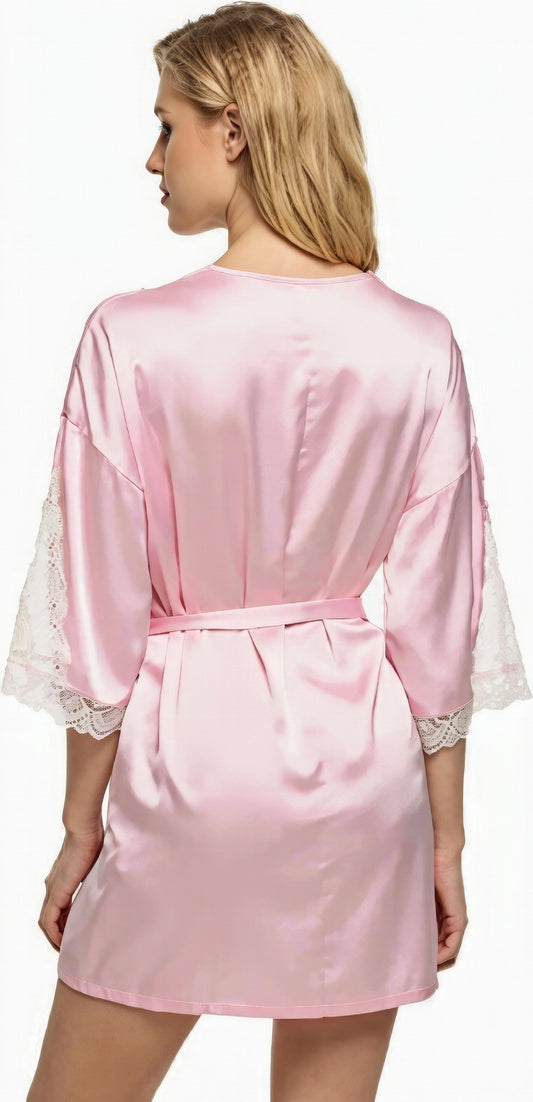 Pink Satin Kimono Robe with Lace Trim - Short Sexy Lingerie Robe for Women, Bridal & Honeymoon